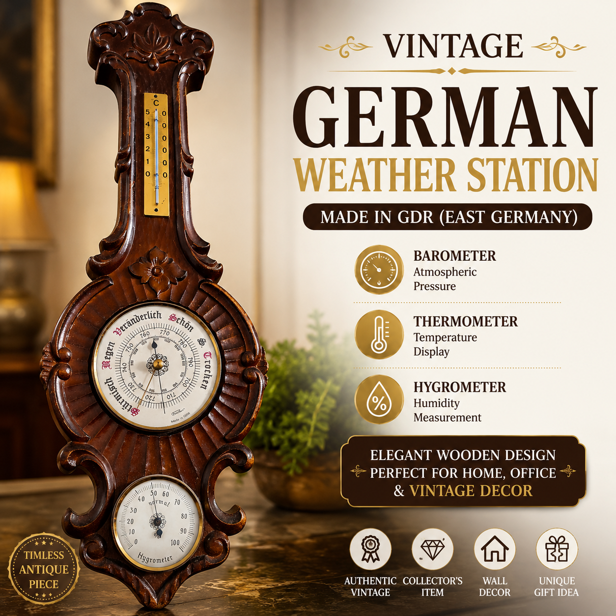 Vintage German Weather Station – Barometer, Thermometer & Hygrometer | Made in GDR (East Germany)