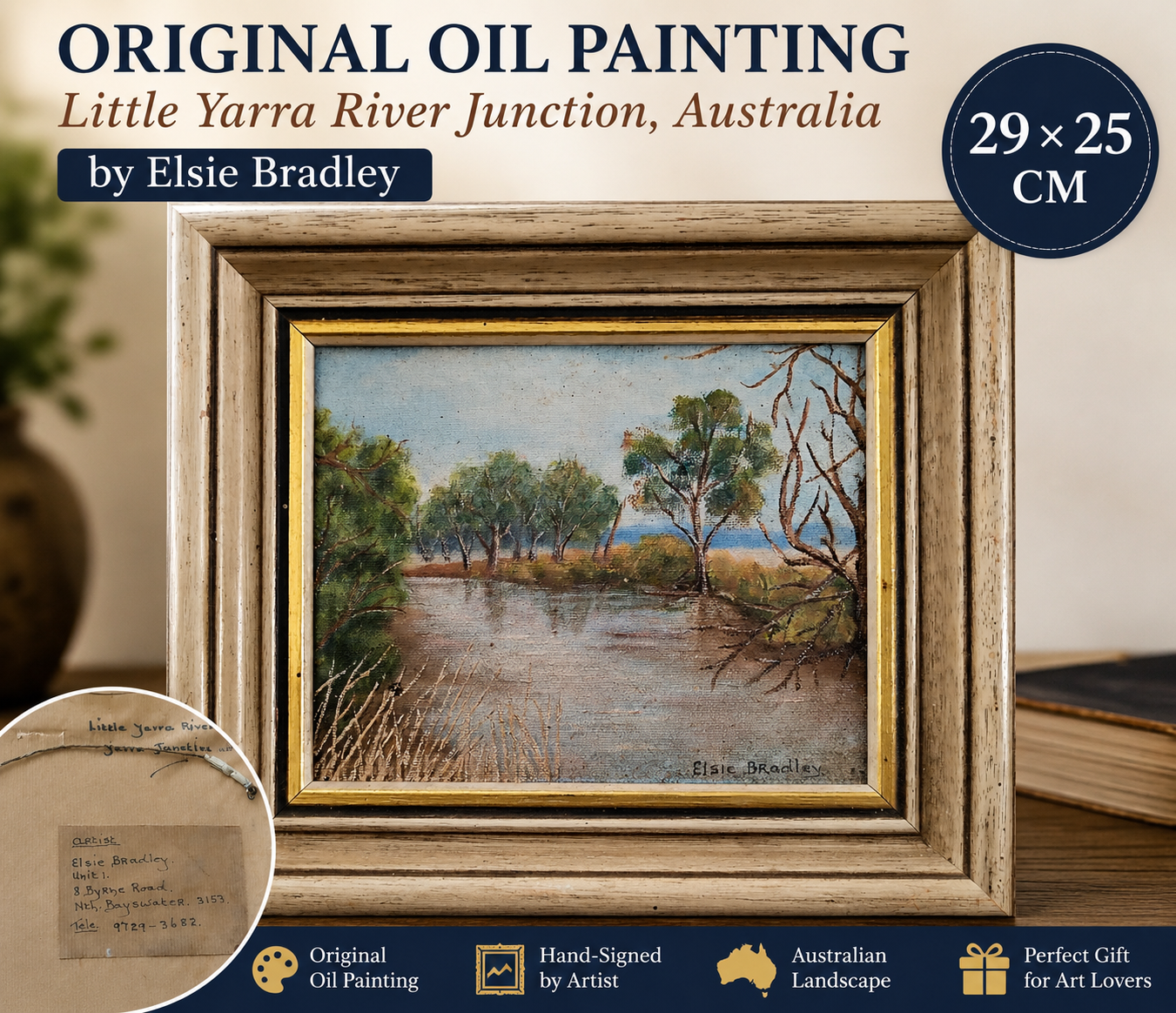 Original Landscape Oil Painting by Elsie Bradley – Little Yarra River, Australia – Framed Artwork (29 × 25 cm)